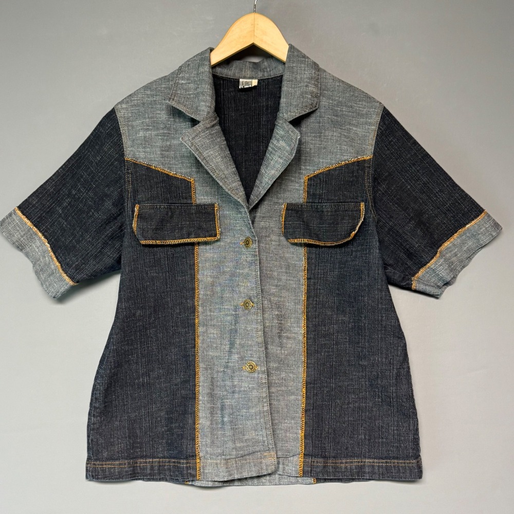 Spica Two-Tone Denim Short Sleeve Button Up Shirt XL G Unit Buttons Blue Cotton